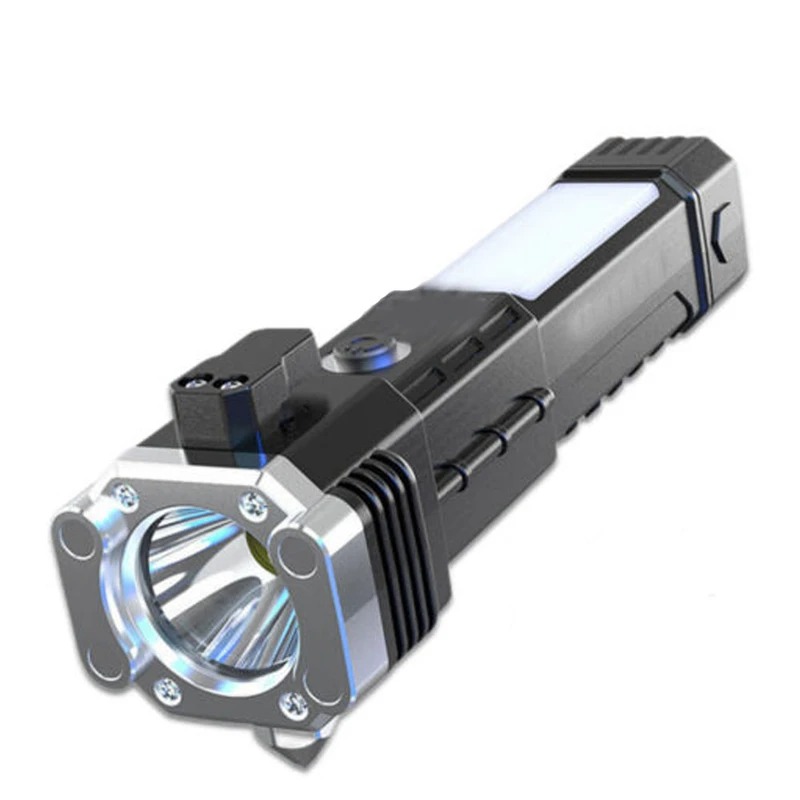 چراغ‌قوه دستی 8 کاره شارژی LED با 2 لامپ، برد 50 متر، حالت نور ثابت و چشمک‌زن، چکش آلومینیومی، تیغ مخفی، مگنت آهن‌ربایی و قابلیت پاوربانک